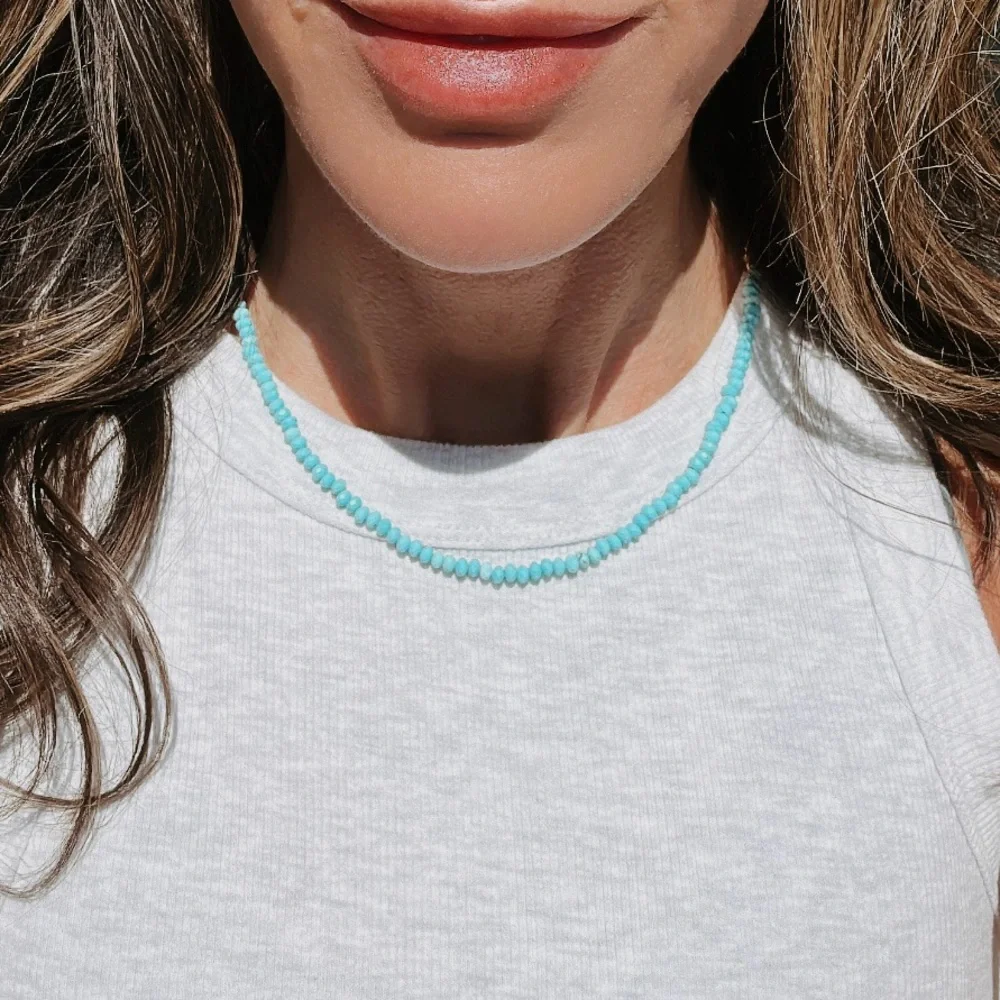 STUNNING Turquoise Beaded Necklace Waterproof Gold Beads & Chain Summer Necklace